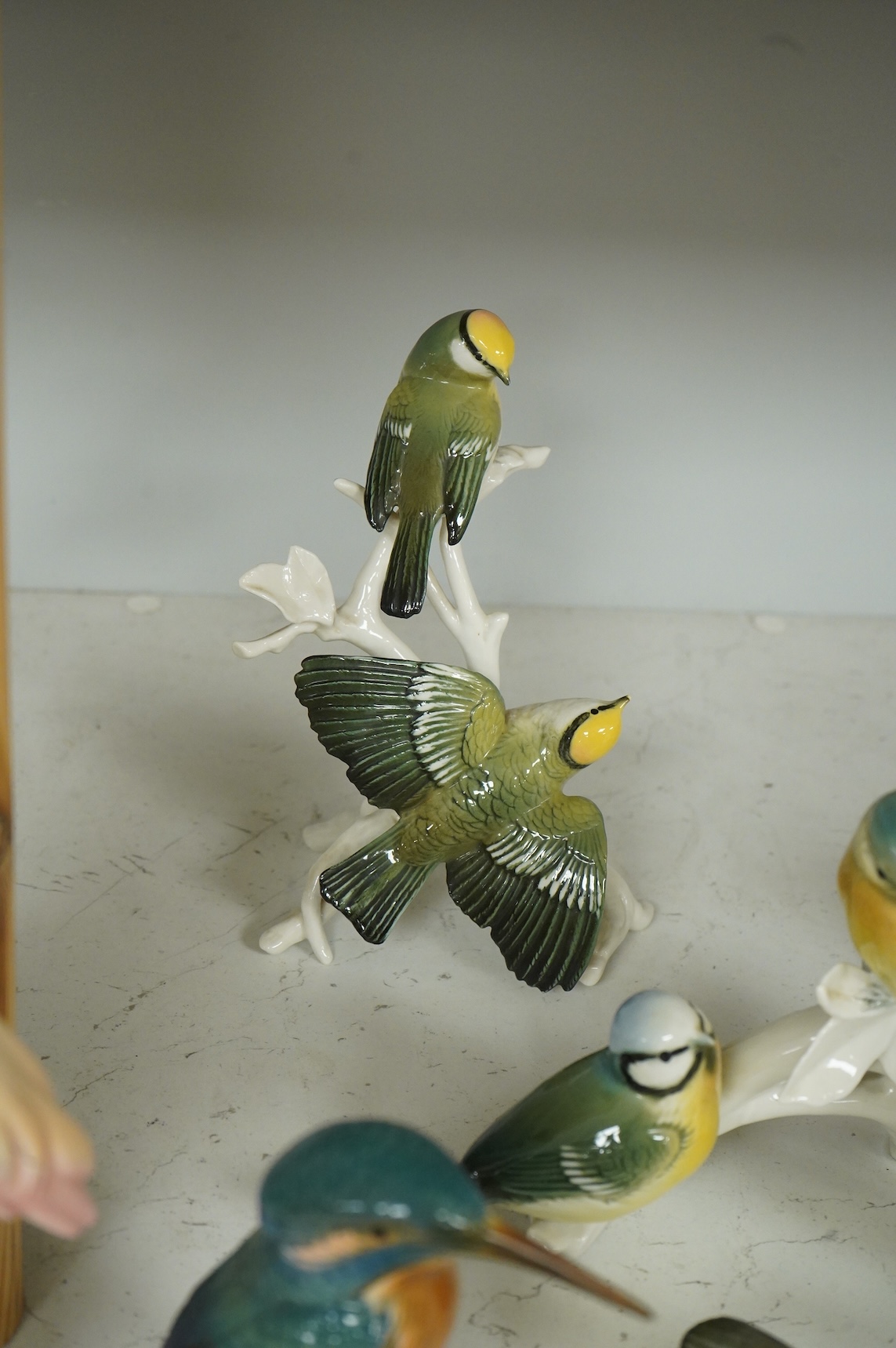 A collection of Copenhagen and other German porcelain birds, tallest 20cm